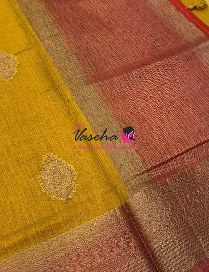 Bamboo Silk Saree - Mustard Yellow with Red - VVBSS018