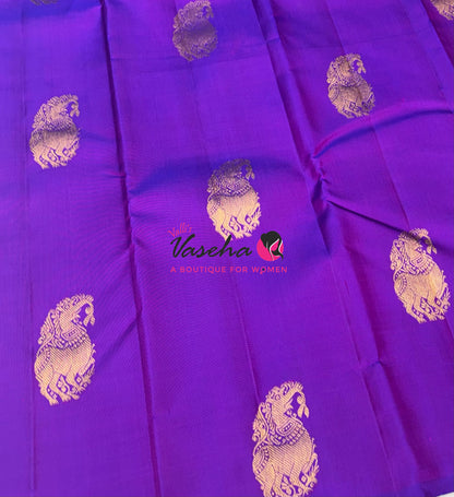 Pure Kanchipuram Silk Saree - Border Less - Purple with Lemon Green Combo - VVPS043