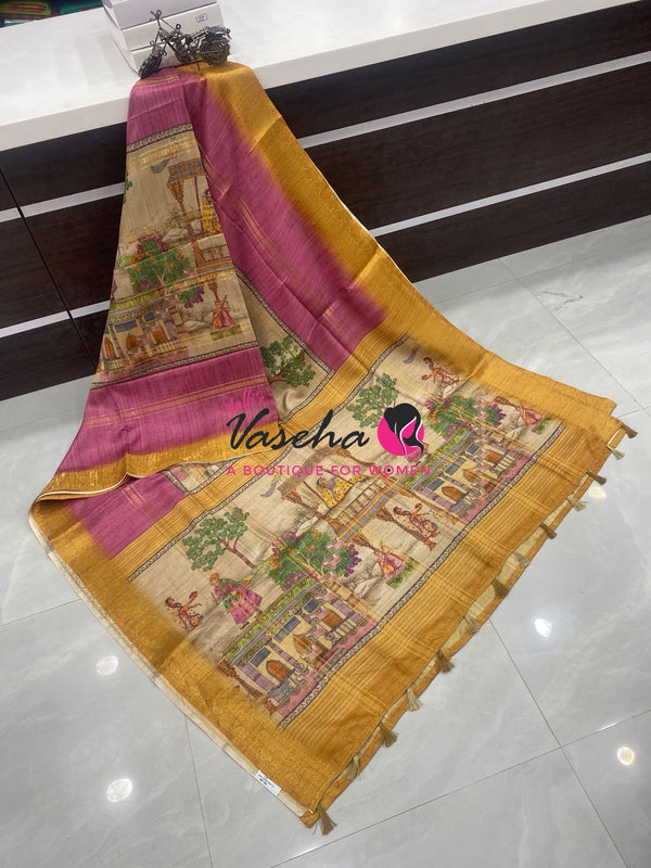 Semi Art Silk Saree - Pink & Mustard Yellow Shade - VVSAT002