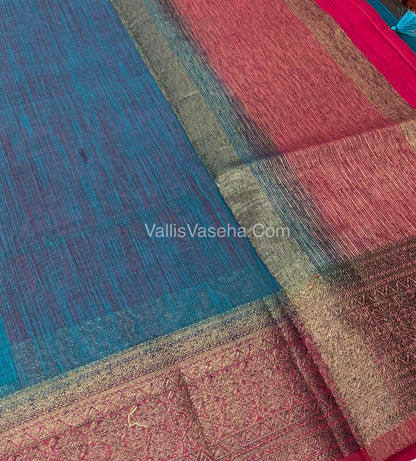 Bamboo Silk Saree - Blue With Pink Shade - VVBSS006