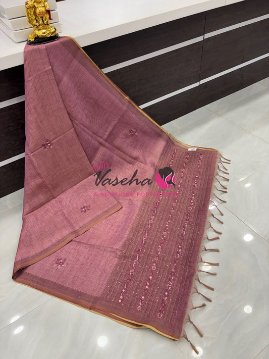 French Knot - Linen Tissue Saree - Onion Pink Shade - VVLFN015