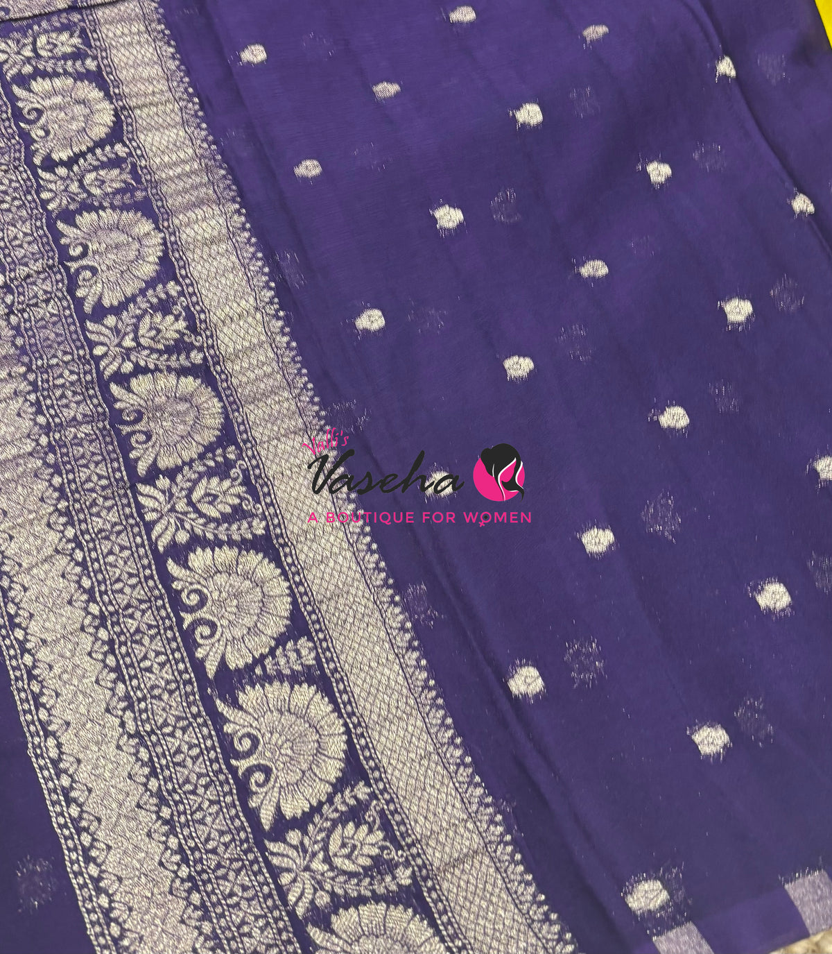Banarasi Georgette Saree - Lemon Yellow With Violet Combo - VVBGS002