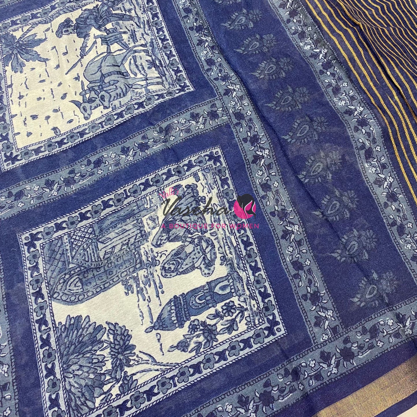Semi Maheshwari Mixed Cotton Saree - Linen Feel - Indigo Blue - VVMSC008