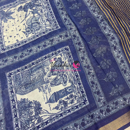Semi Maheshwari Mixed Cotton Saree - Linen Feel - Indigo Blue - VVMSC008
