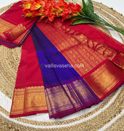 Pure Silk Cotton Saree - Blue with Red  - Lakshadeepam Design - VVPLD001