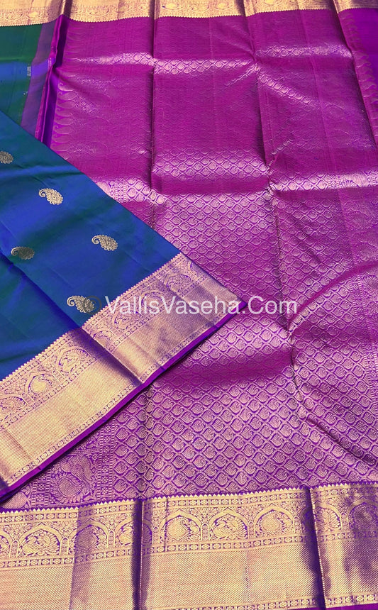 Pure Kanchipuram Silk Saree - Double Tone Bluish Green & Purplish Pink Combo - VVPS014