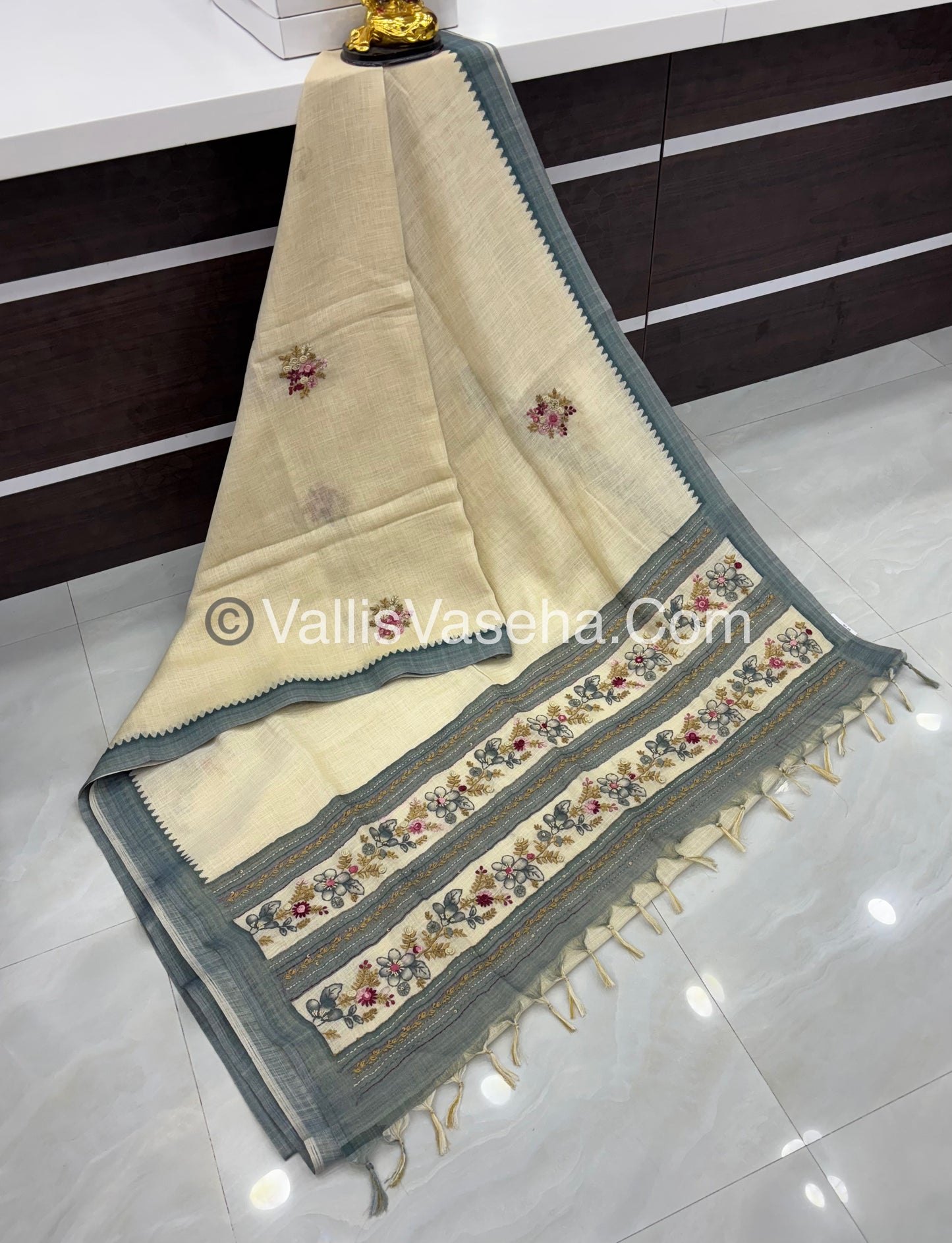 French Knot - Tissue Saree - Cream With Blue Shade - VVLFN006