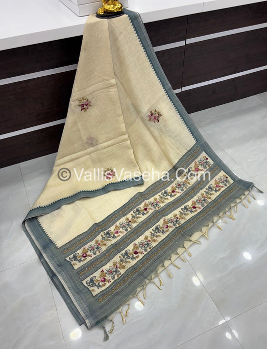 French Knot - Tissue Saree - Cream With Blue Shade - VVLFN006
