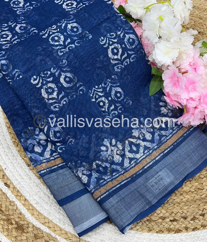 Linen Mixed Cotton Saree - Indigo Blue - Printed - VVLMP001