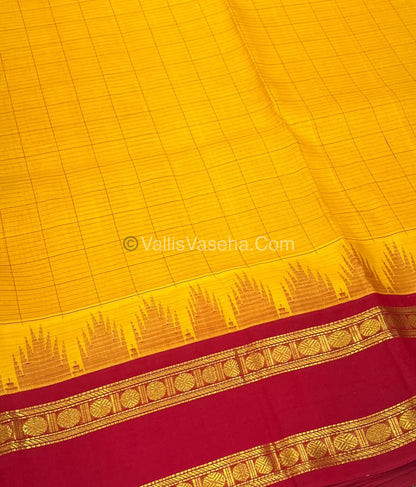 Pure Korvai Silk Cotton - Yellow with Red - Checks Pattern - VVKSC022
