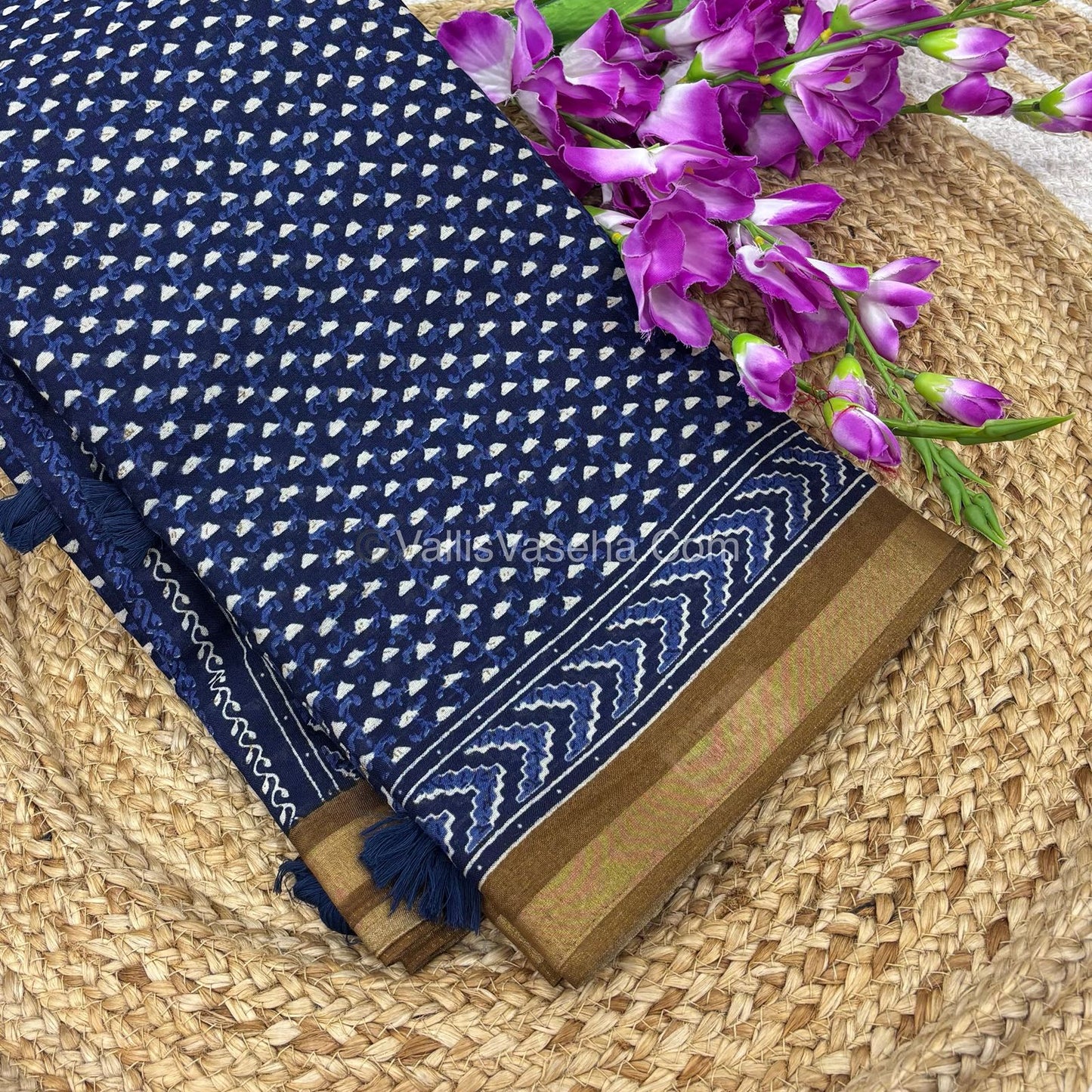 Semi Maheshwari Mixed Cotton Saree - Linen Feel - Indigo Blue & Mustard Yellow - VVMSC003