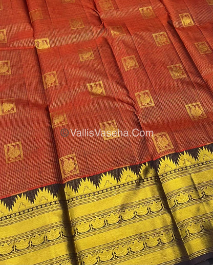 Pure Kanchipuram Silk Saree - Dark Rust Orange With Wine Brown Combo - VVPS012