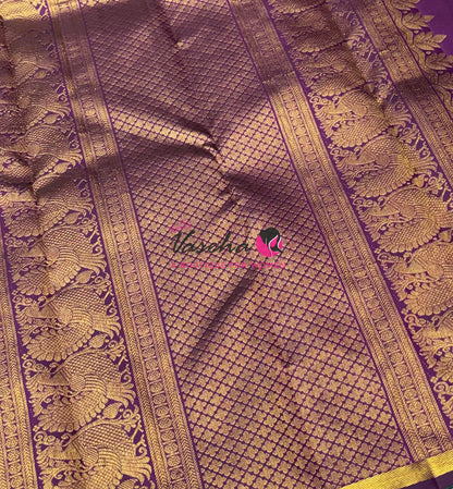 Pure Kanchipuram Silk Saree - Dual Tone Green With Purple Combo - VVPS050