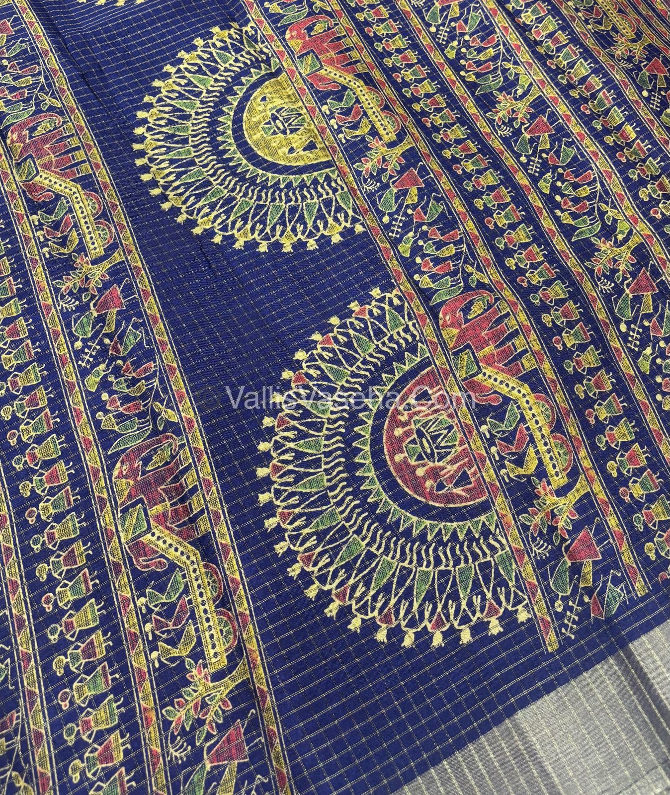 Light Weight Fancy Mixed Kota Cotton - Varli Design Printed Saree - violet Blue Shade - VVKPC001￼