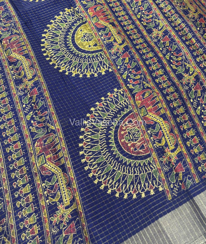 Light Weight Fancy Mixed Kota Cotton - Varli Design Printed Saree - violet Blue Shade - VVKPC001￼