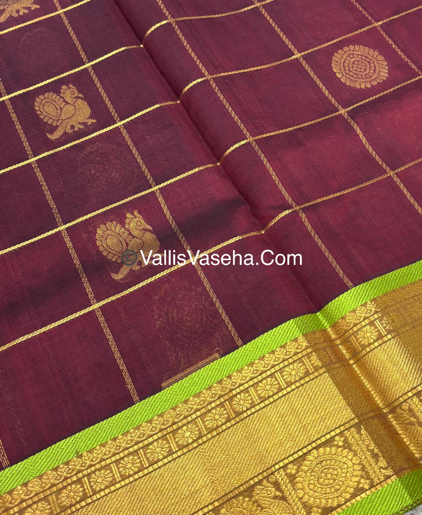 Pure Silk Cotton Saree - Mayil & Chakkaram Design - Maroon With Green Shade - VVMC001