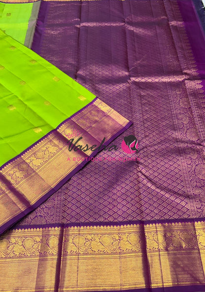 Pure Vintage Korvai Kanchipuram Silk Saree - Green & Purple Combo - VVPS038