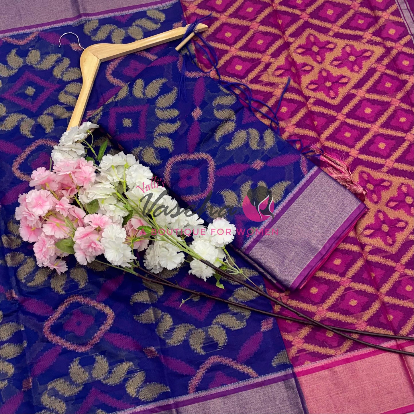 Banarasi Pochampally Weaving Semi Soft Cotton Saree - Blue with Pink - VVBPS001
