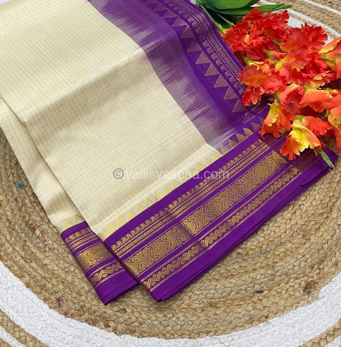 Pure Korvai Silk Cotton - Retta Petta Border - Cream( Half White )with Purple Combo - VVKSC010