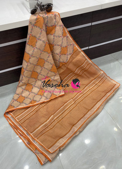 Linen Tissue Saree -  Light & Dark Combo - Orange Shade - VVLTS008