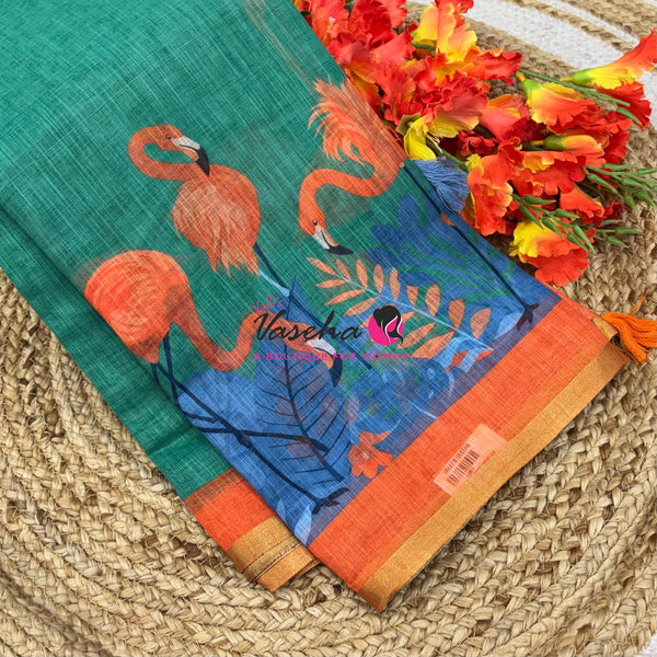 Linen Mixed Cotton Saree - Printed - Green  With Orange Shade - VVLMP002