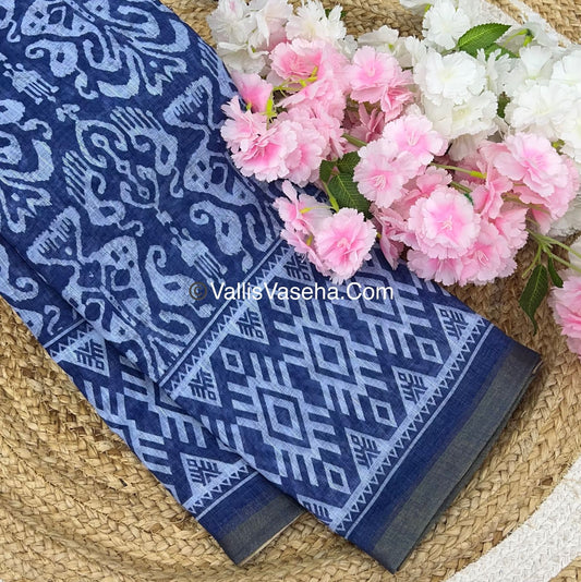 Linen Mixed Cotton Saree - Indigo Blue - Printed - VVLMP001