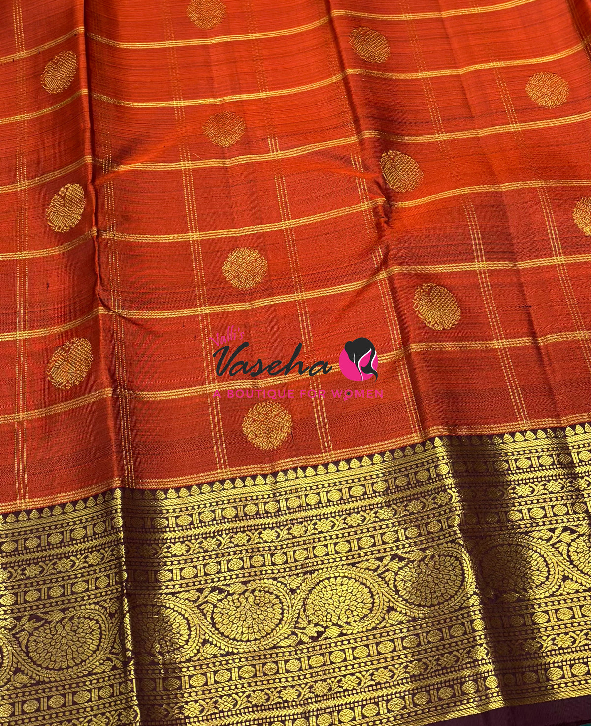 Pure Kanchipuram Silk Saree - Rust Orange  With Wine Brown - VVPS097