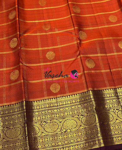 Pure Kanchipuram Silk Saree - Rust Orange  With Wine Brown - VVPS097