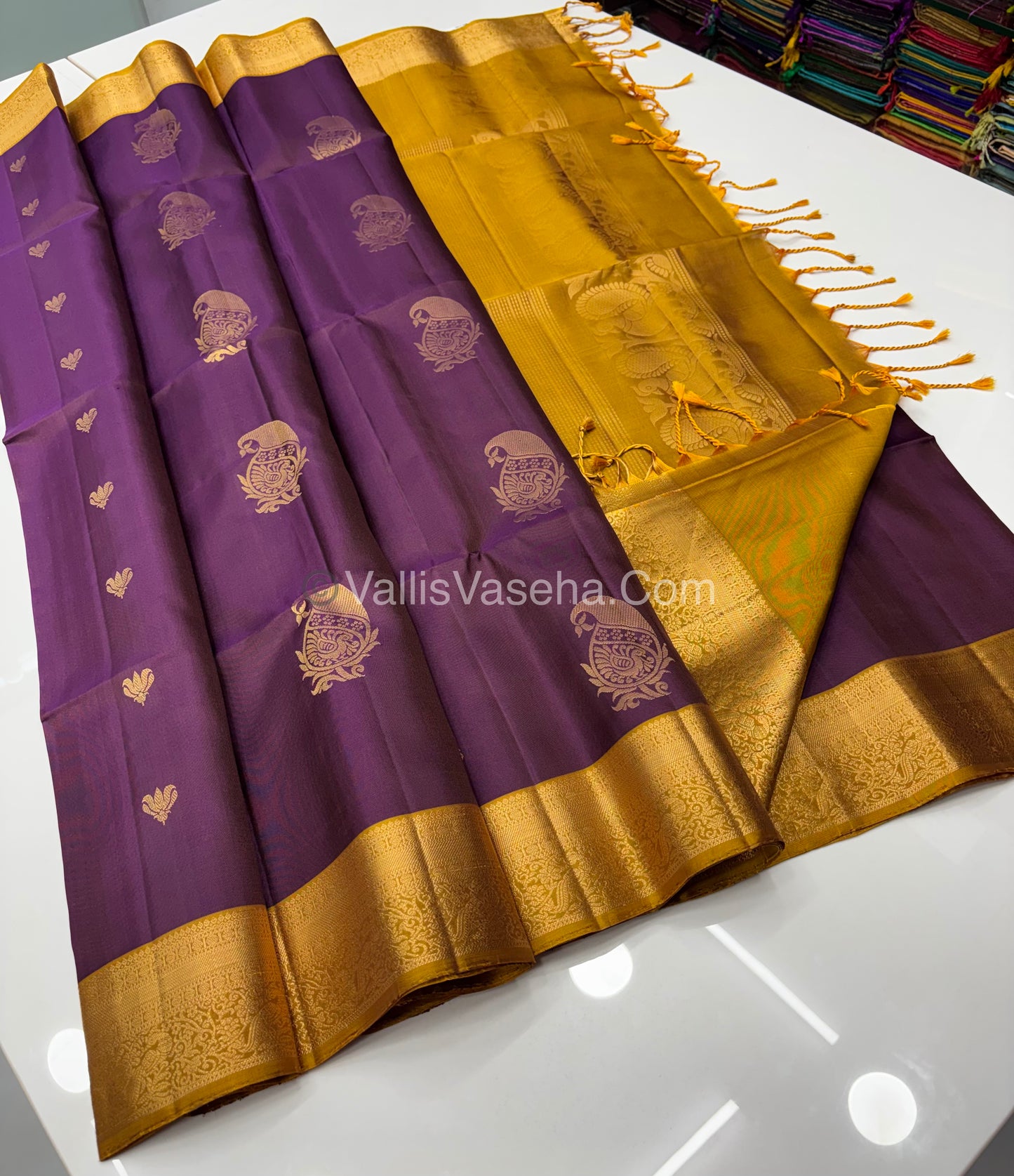 Pure Soft Silk Saree - Kanchi Border - Purple & Mustard Yellow Combo - VVPSS046