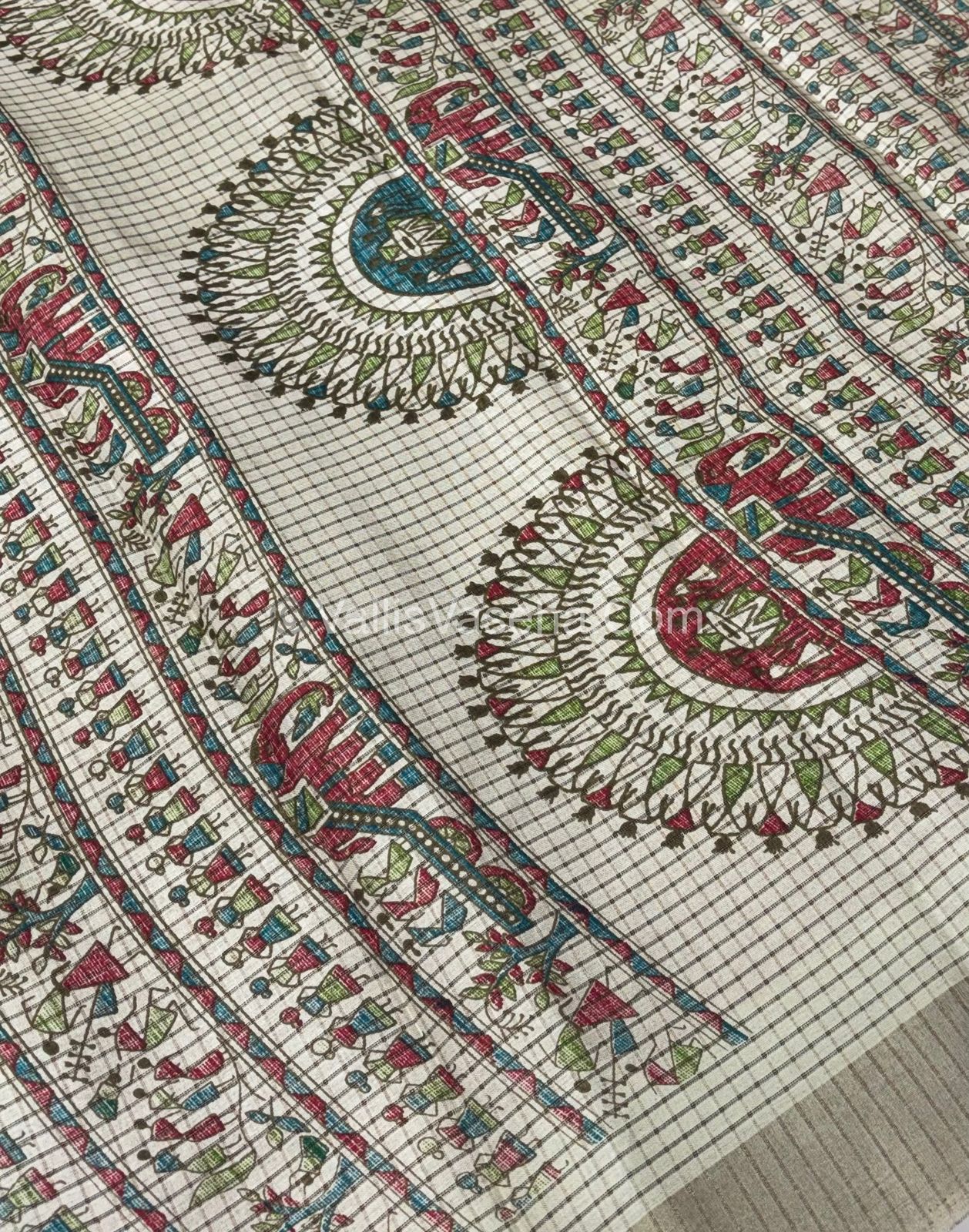 Light Weight Fancy Mixed Kota Cotton - Varli Design Printed Saree - Cream Shade - VVKPC001