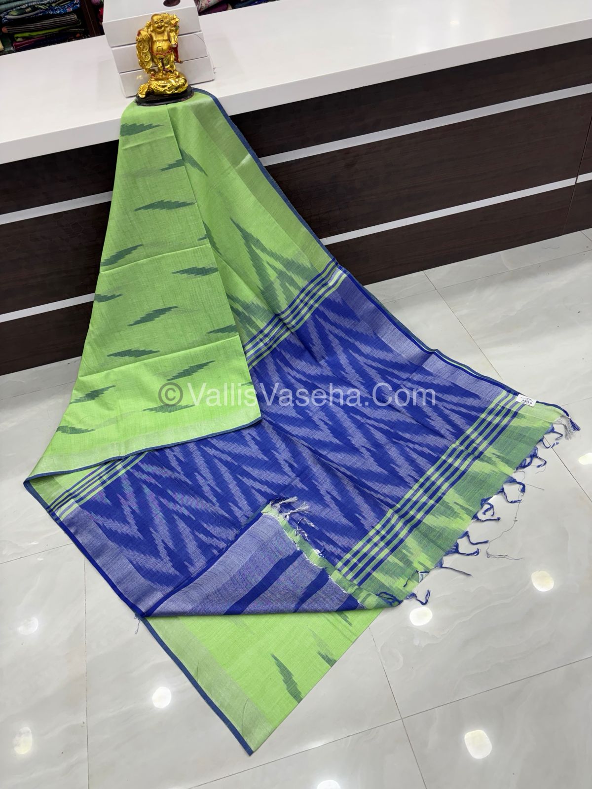 Bhagalpuri Linen Cotton Saree - Ikkat Print - Green With Blue  Shade - VVBLC002
