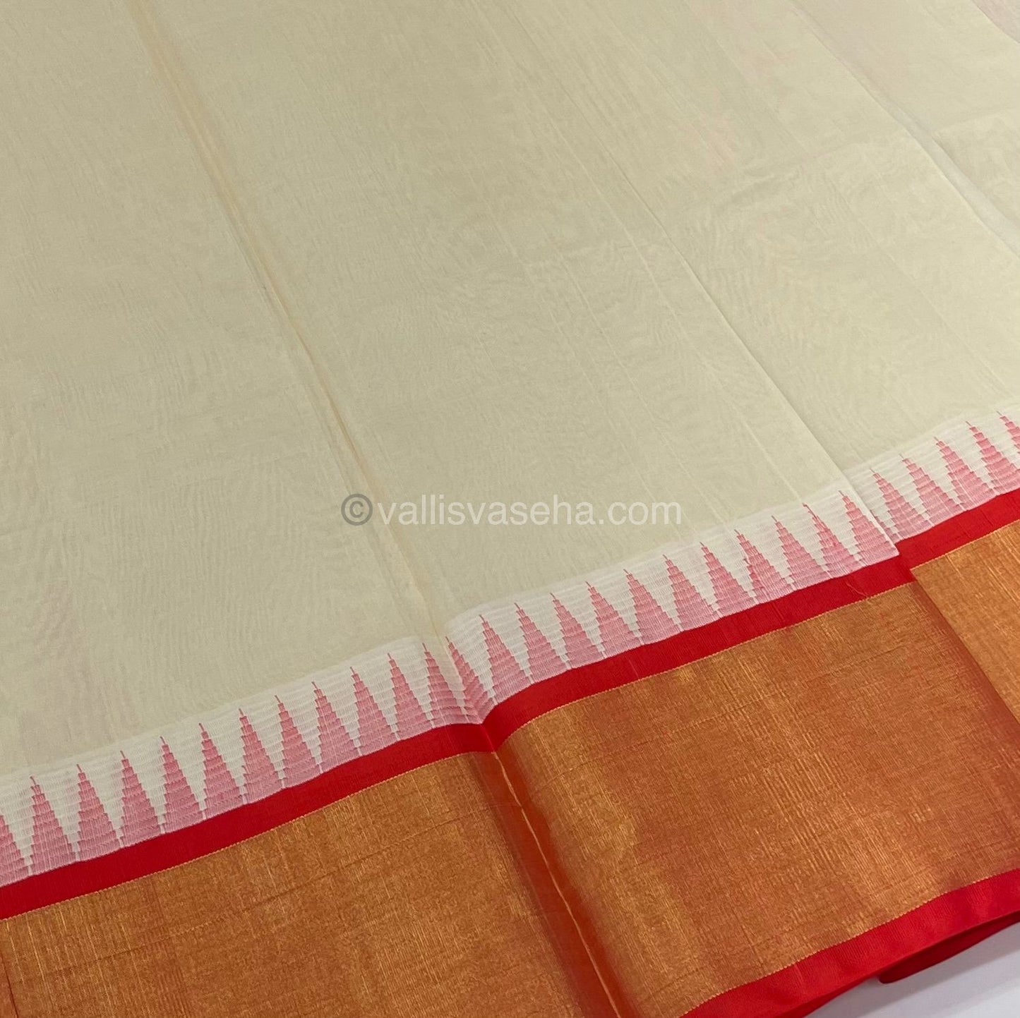 Pure Korvai Silk Cotton Saree - Half White with Orange & Pink Combo - Ganga Jamuna With Temple border - VVKSC001