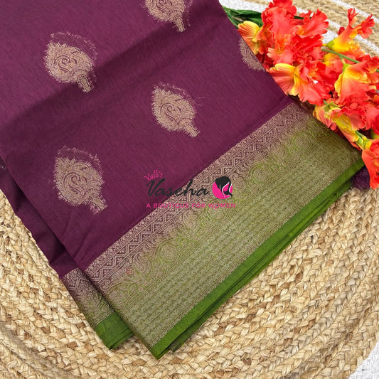 Bamboo Silk Saree - Wine With Green - VVBSS019