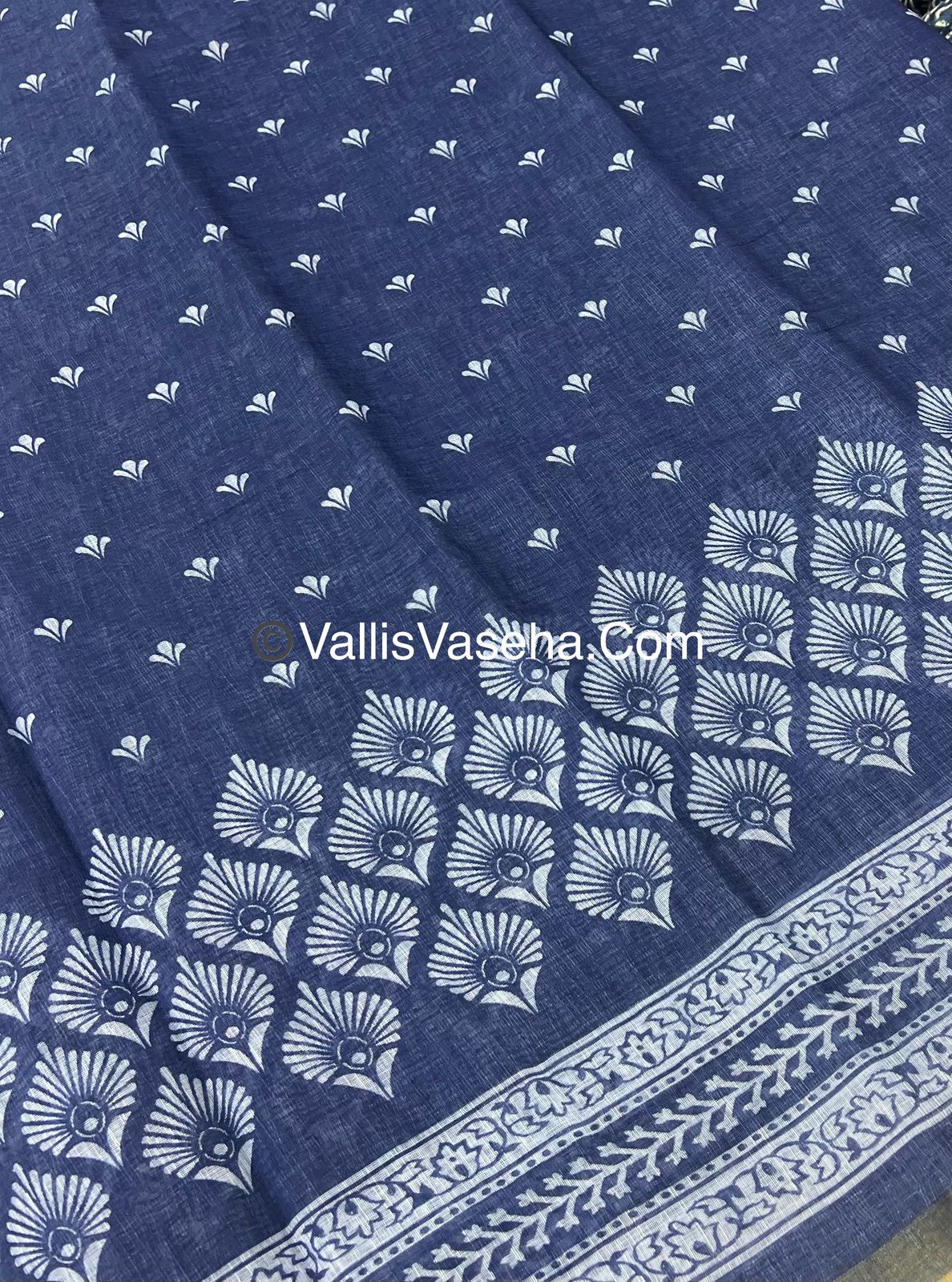 Linen Mixed Cotton Saree - Indigo Blue - Printed - VVLMP001