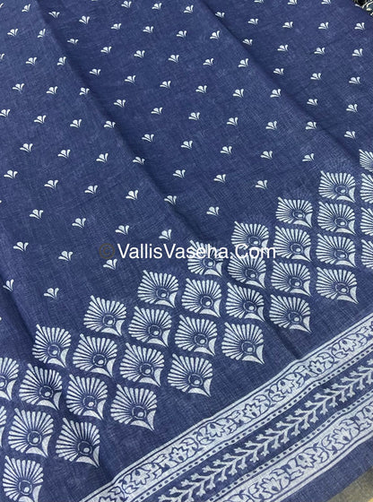Linen Mixed Cotton Saree - Indigo Blue - Printed - VVLMP001