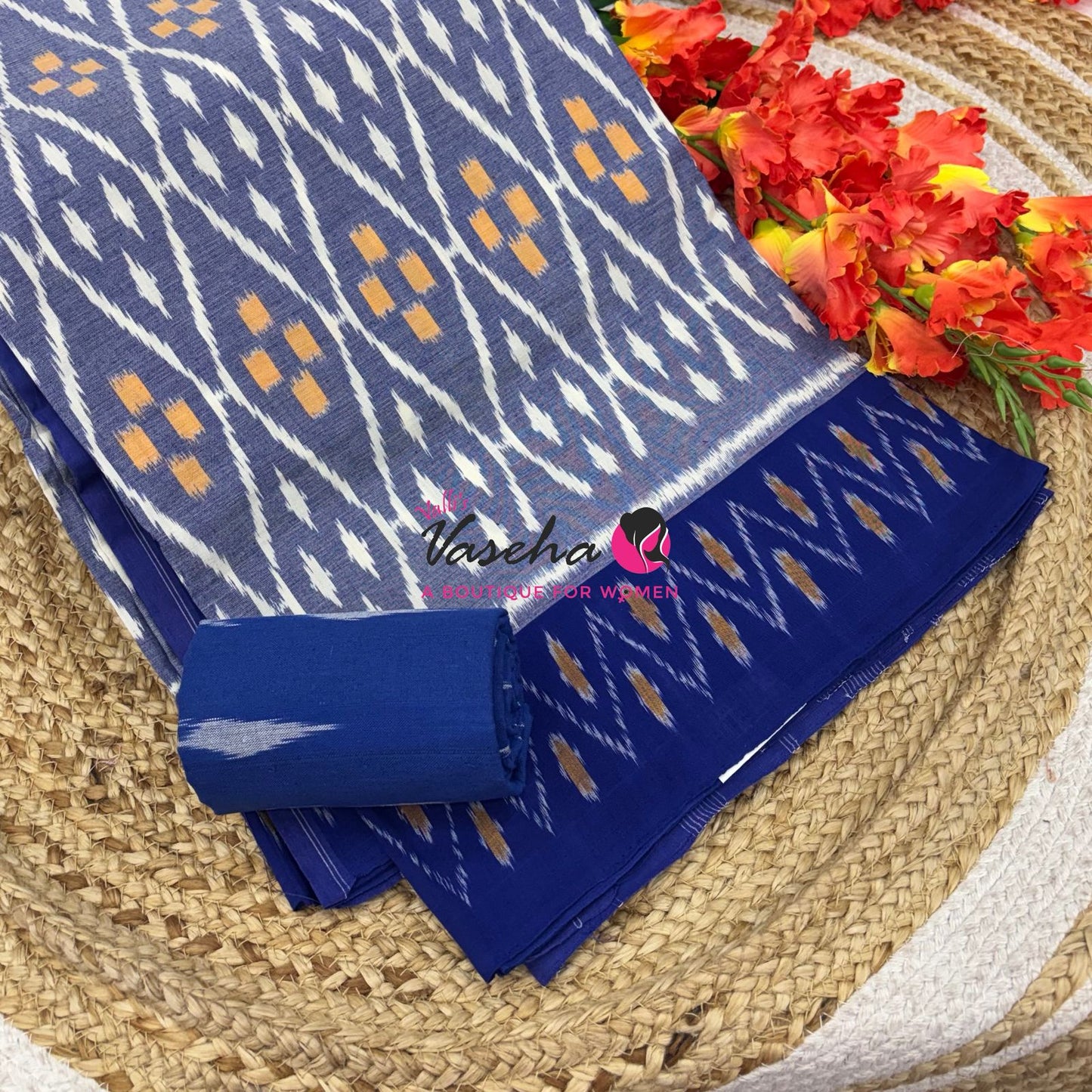 Double Ikkat Pure Cotton Saree -  Blue With Red  - VVIKS002