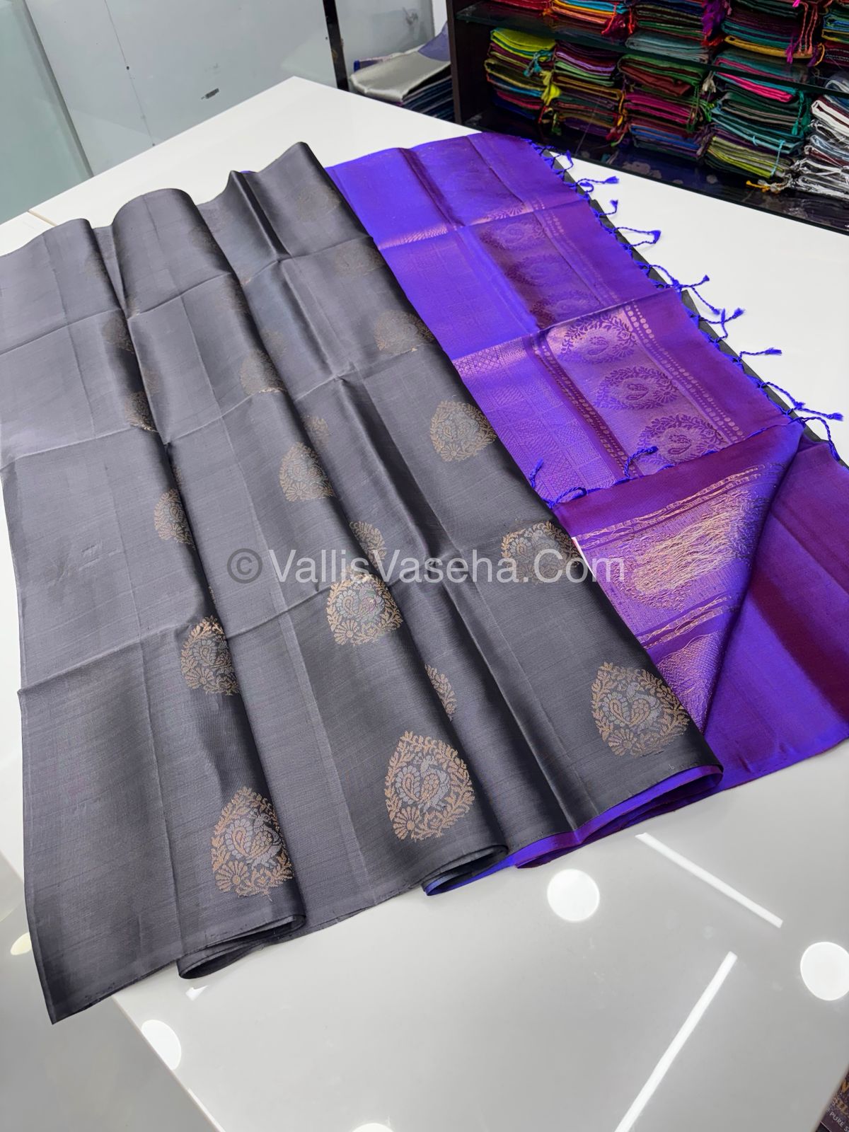 Pure Soft Silk Saree - Border Less - Grey With Purple Shade - VVPSS052