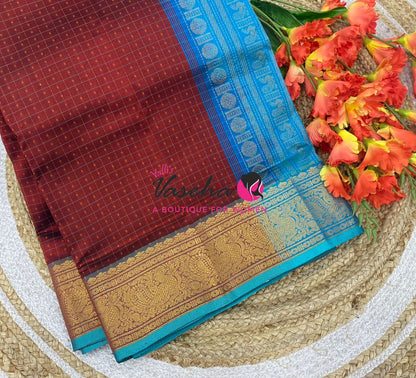 Pure Silk Cotton Saree - Red With Blue Shade - Lakshadeepam Design - VVPLD001