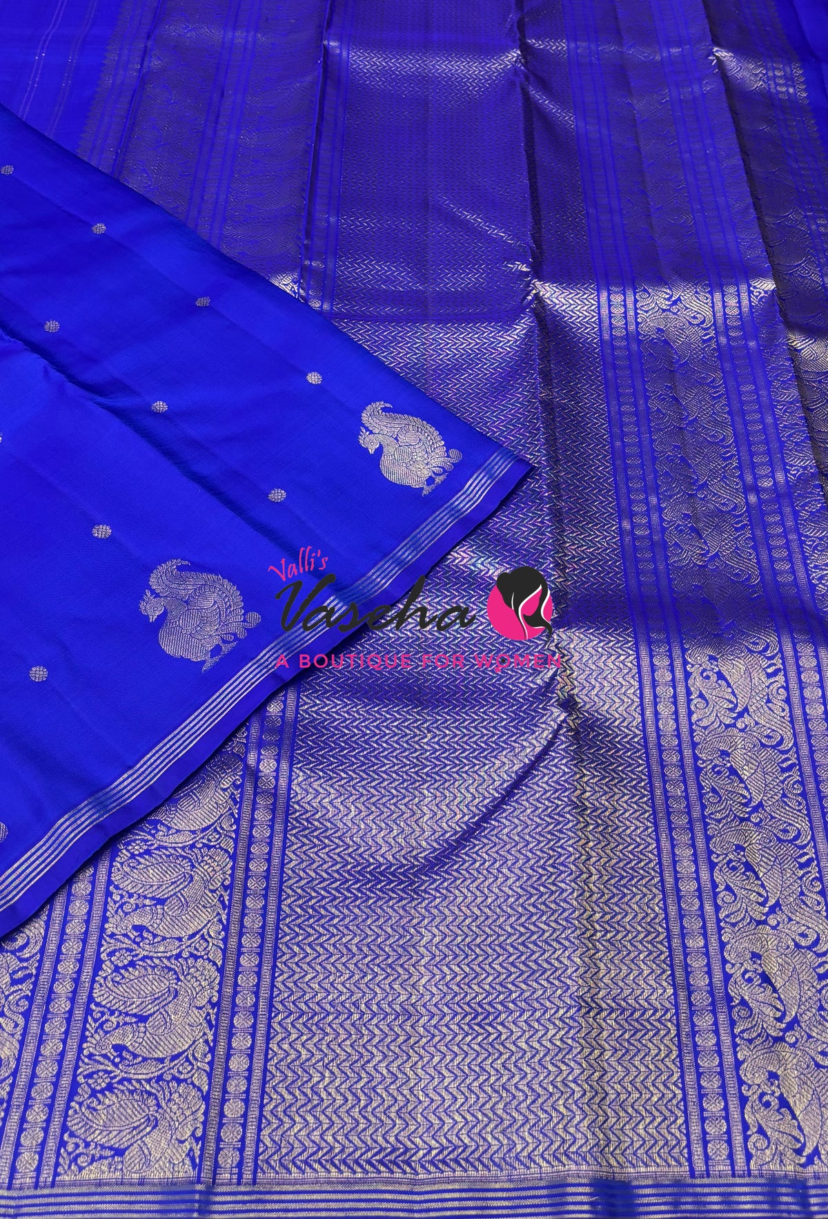 Pure Kanchipuram Silk Saree - Mayil Butta Border - Blue Shade - VVPS006