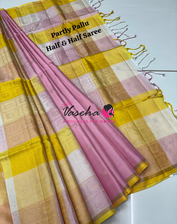 Pure Soft Silk Saree - Partly Pallu -  Half & Half Saree - Light Baby Pink  - VVPSS088