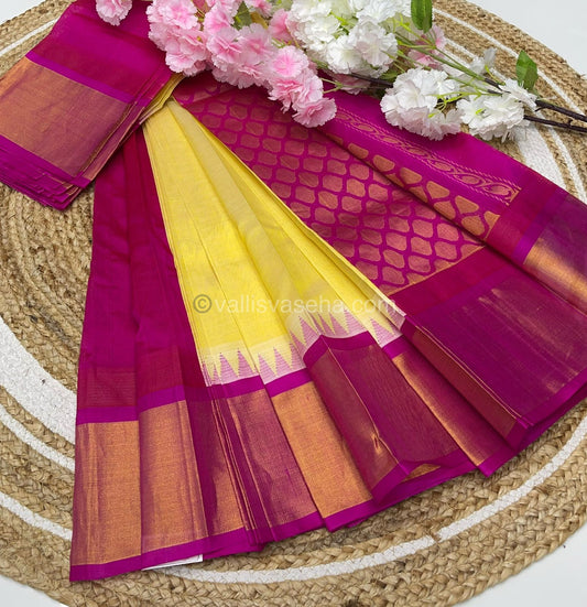 Pure Korvai Silk Cotton Saree - Light Yellow with Pink Combo - Temple border - VVKSC001