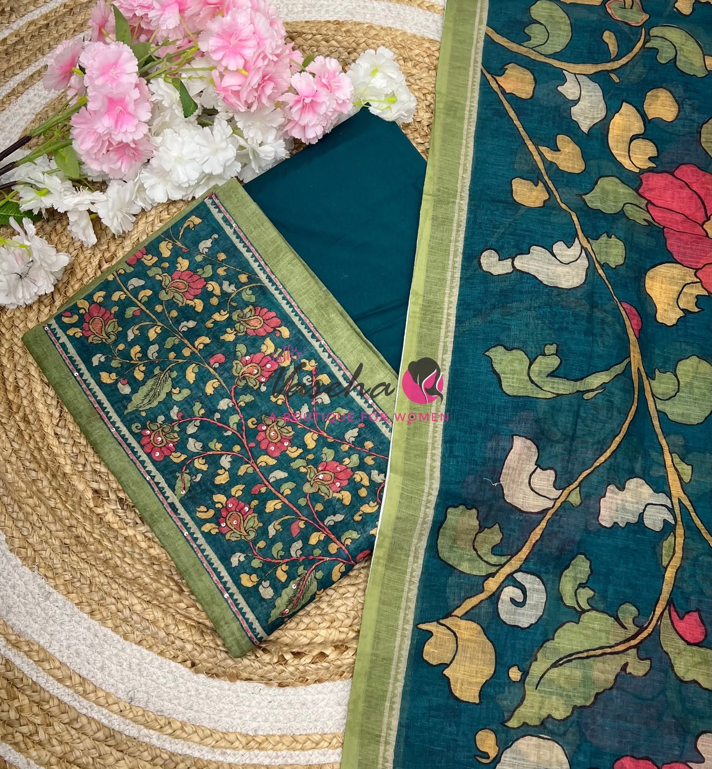 Unstitched Linen Mixed Cotton Material  | Green With Peacock Blue | VVUSM048