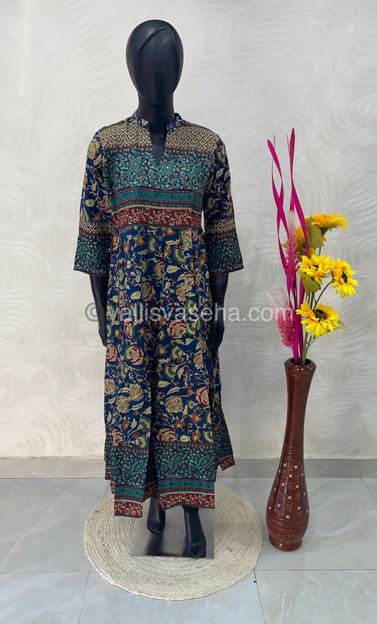 Ready Made - Long Floor Length Kurti - Blue Color - Kalamkari Design - VVKLG001