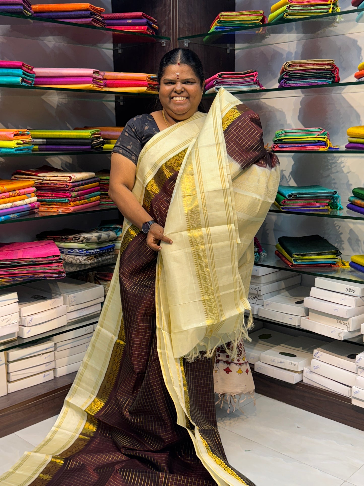 Pure Korvai Silk Cotton - Retta Petta Border - Meroonish Brown  with Cream Combo - VVKSC010
