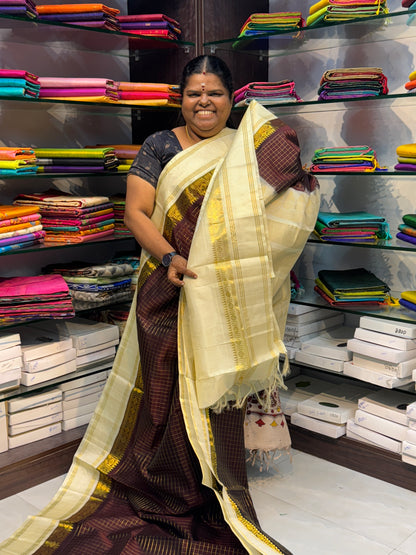 Pure Korvai Silk Cotton - Retta Petta Border - Meroonish Brown  with Cream Combo - VVKSC010