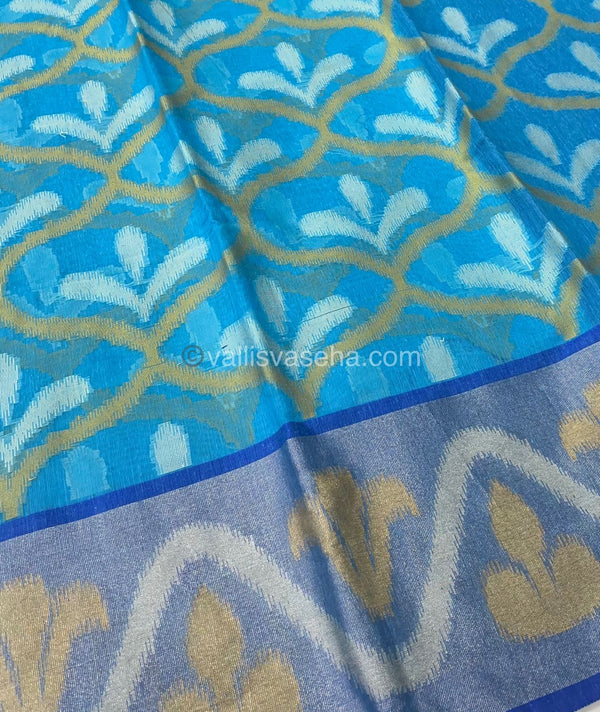 Banarasi Pochampally Weaving Semi Soft Cotton Saree - Light Blue with Blue - VVBPS001