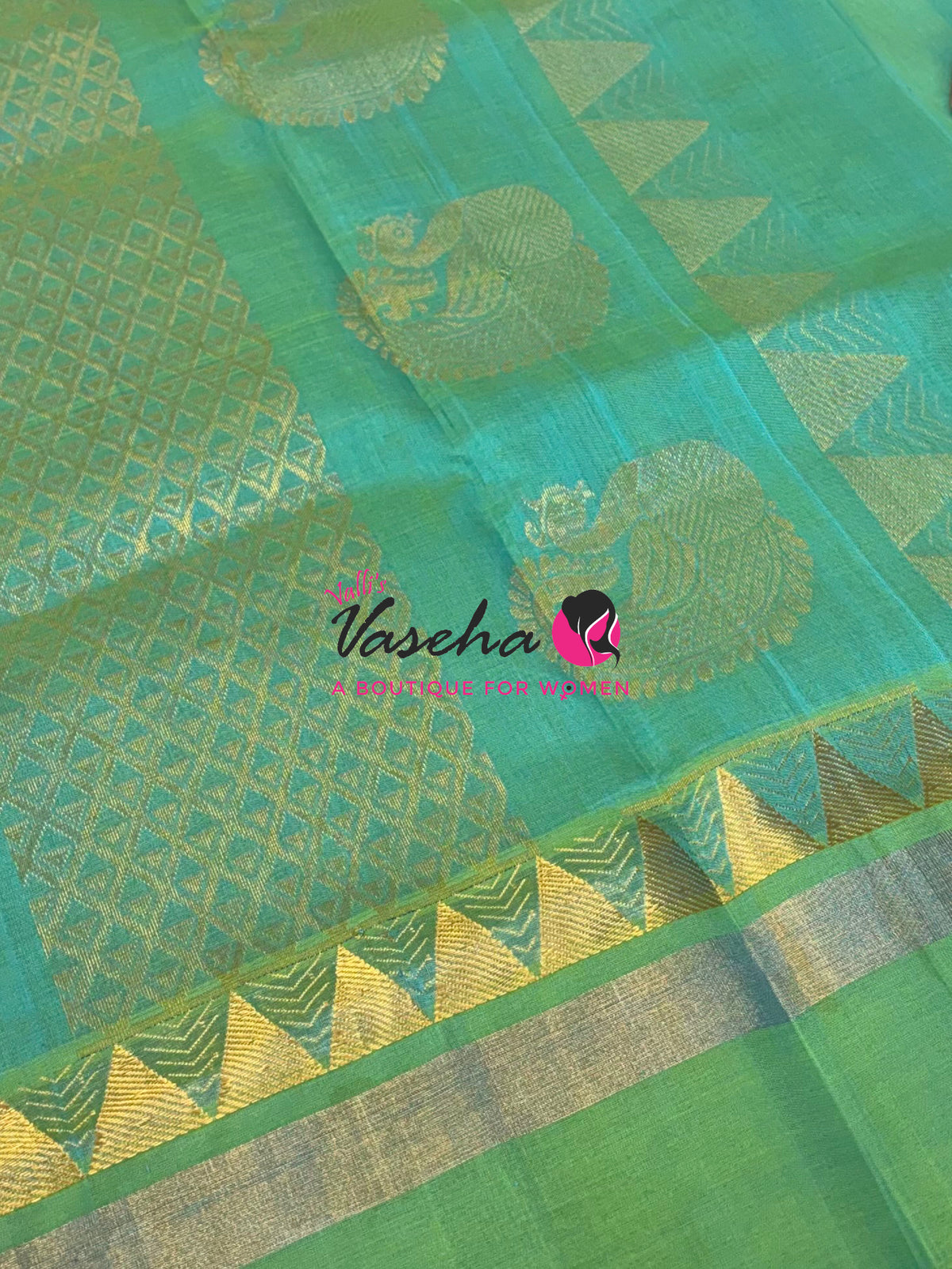 Pure Korvai Silk Cotton Saree - Cream with Turquoise blue -  VVKSC030