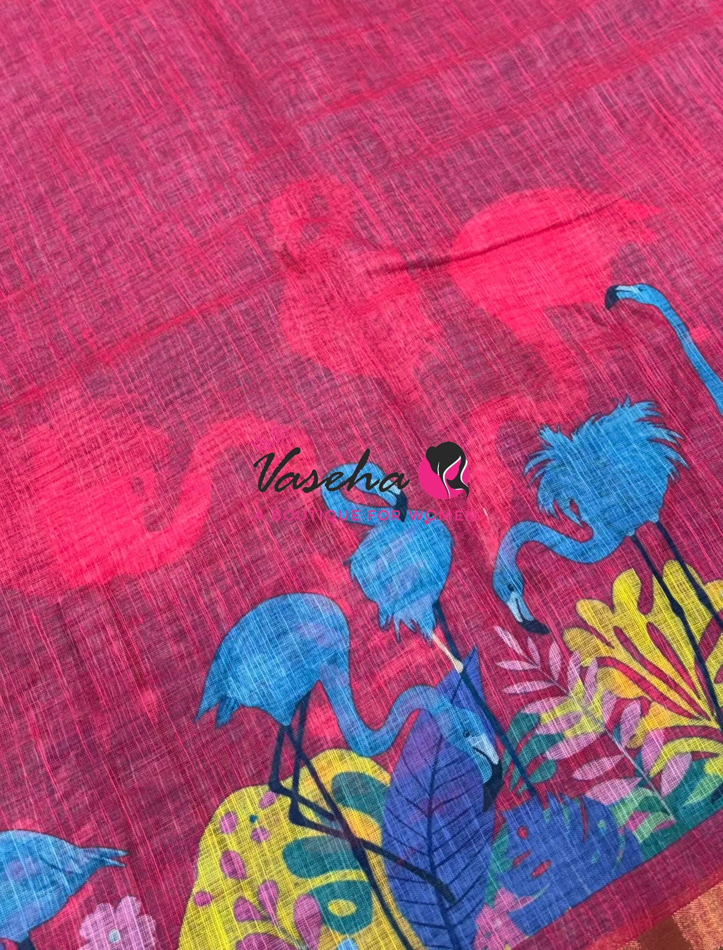 Linen Mixed Cotton Saree - Printed - Blue  With Pink Shade - VVLMP002