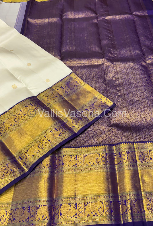 Pure Vintage Korvai Kanchipuram Silk Saree - Half White / Light Cream & Violetish Purple Combo - VVPS021