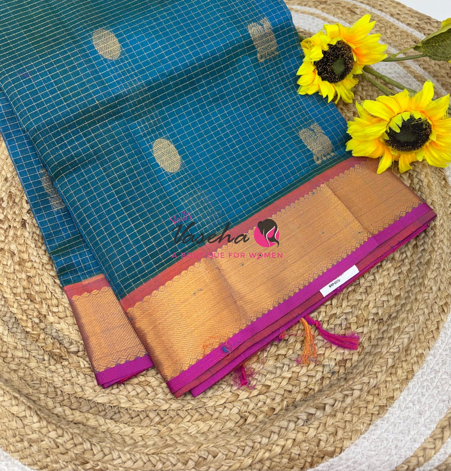 Pure Silk Cotton Saree - Mayil & Chakkaram Design - Blue With Pink Shade -VVMC002